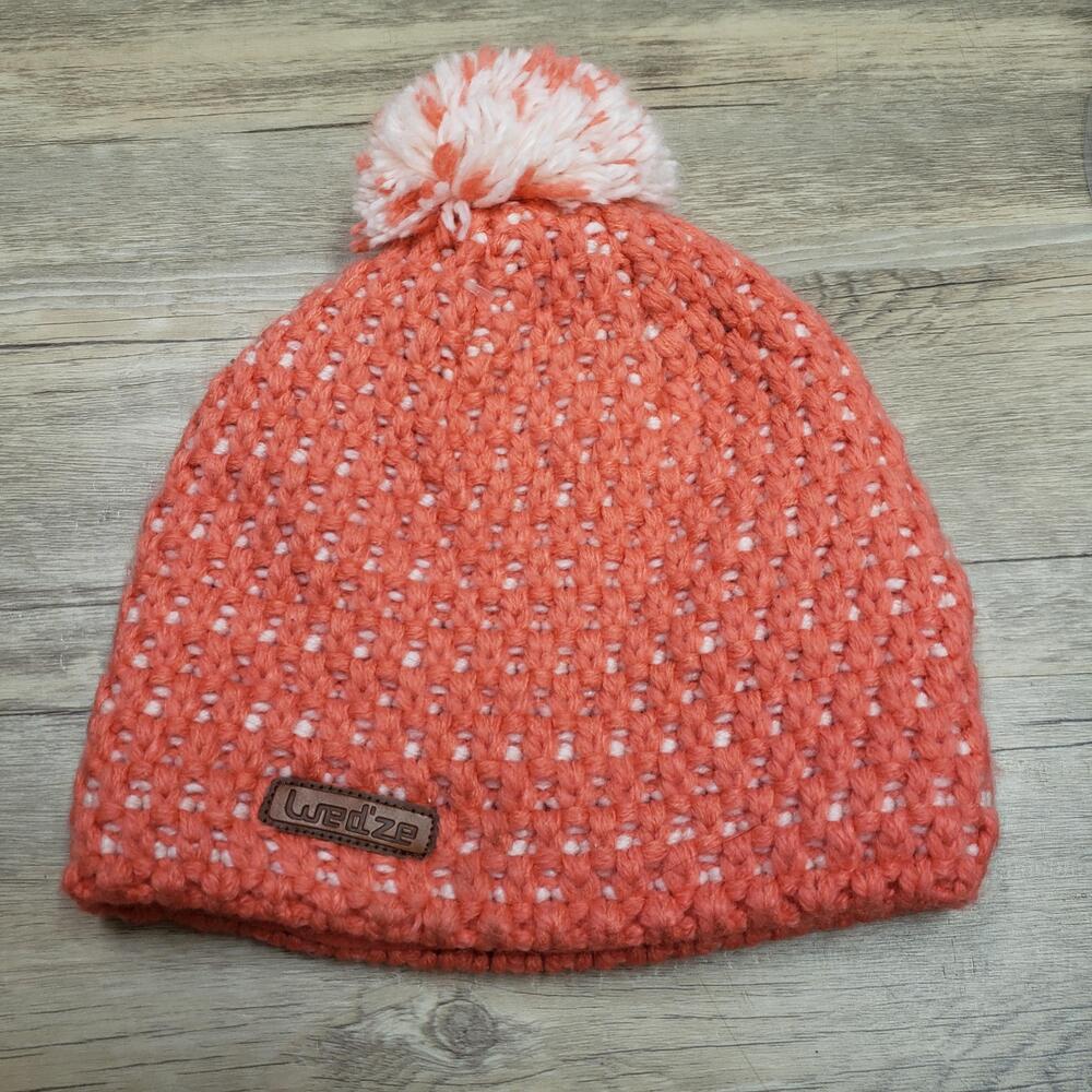 Wedze Hat Beanie Pom Pom Womens One Size Pink Chunky Knit Lined Winter